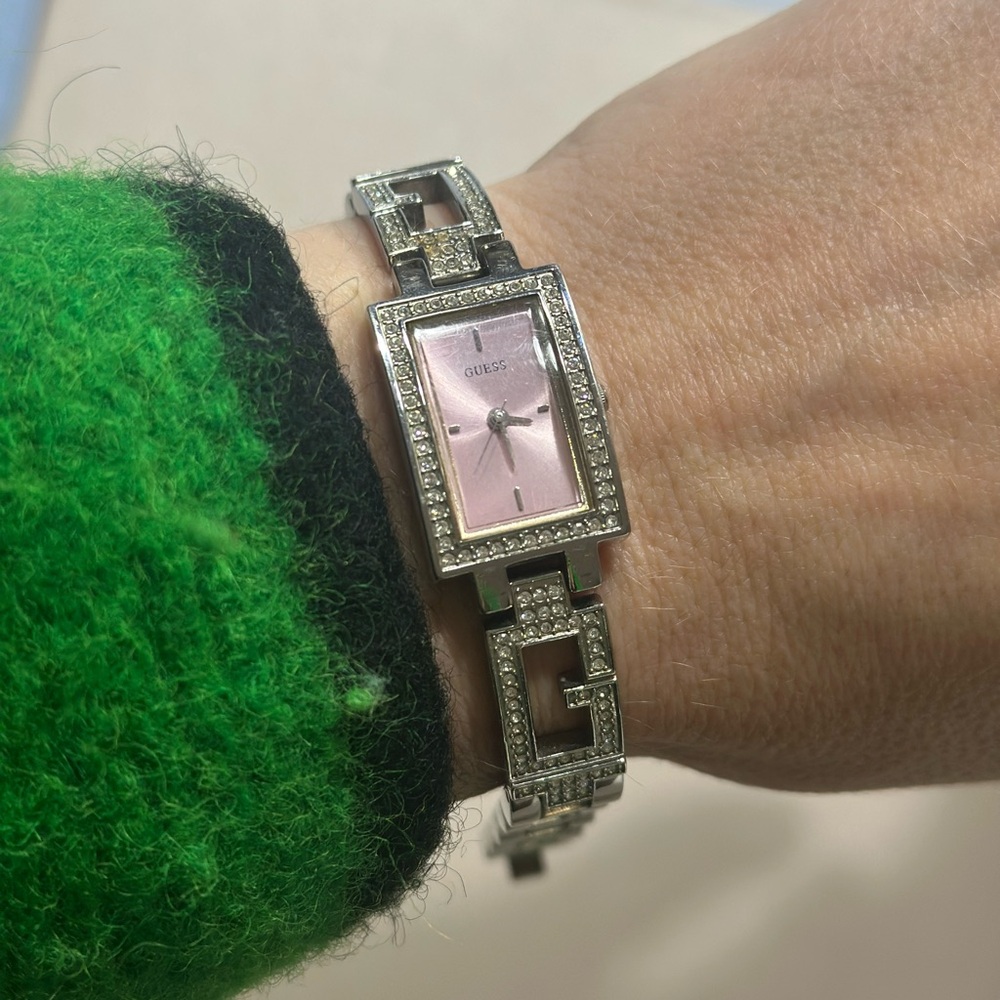 GUESS Silver Bracelet Watch with Pink Dial and Crystal Accents